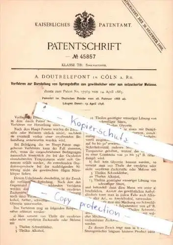 Original Patent  - A. Doutrelepont in Cöln a. Rh. , 1888 , Sprengstoffe !!!