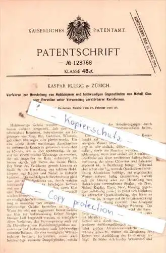 Original Patent  - Kaspar Ruegg in Zürich , 1901 , Verfahren zur Herstellung von Hohlkörpern !!!