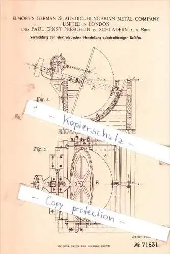 Original Patent - E. Preschlin in Schladern , German & Astro-Hungarian Metal-Company Ltd.in London , 1893 , !!!