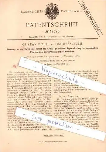 Original Patent - G. Bölte in  Oschersleben , 1888 , Landwirthschaftliche Geräthe !!!