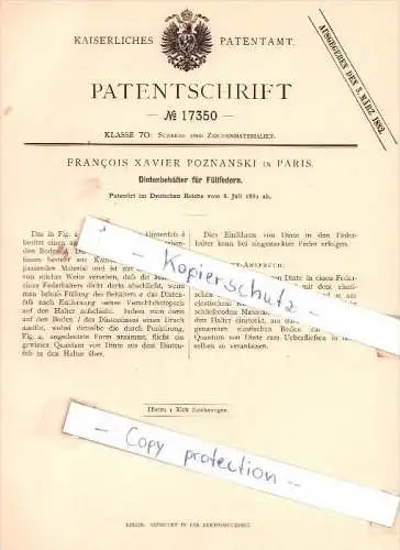 Original Patent -  Francois Xavier Poznanski in Paris , 1881 , Dintenbehälter für Füllfedern , Federhalter !!!