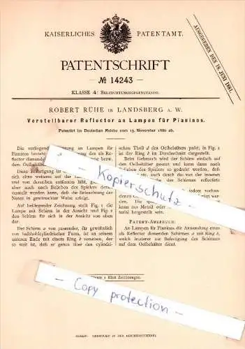 Original Patent - Robert Rühe in Landsberg a. W./ Gorzów Wielkopolski , 1880 , Reflektor an Lampen und Pianinos !!!