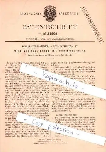 Original Patent -  H. Haeder in Schönebeck a. E. , 1884 , Wind- und Wassermotor mit Selbstregulierung !!!