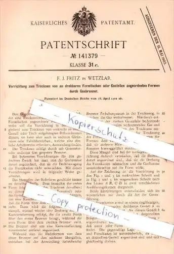 Original Patent - F. J. Fritz in Wetzlar , 1902 , Vorrichtung zum Trocknen !!!