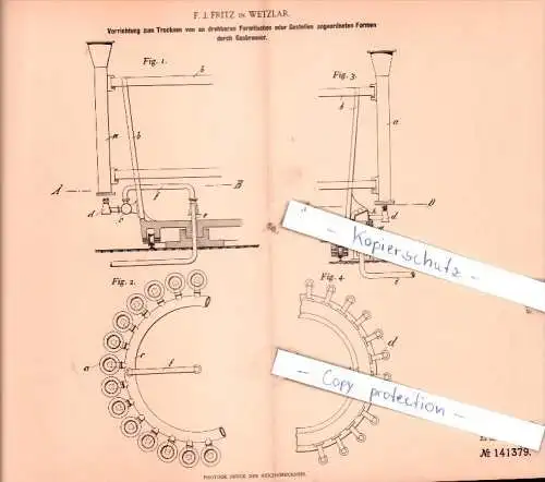 Original Patent - F. J. Fritz in Wetzlar , 1902 , Vorrichtung zum Trocknen !!!