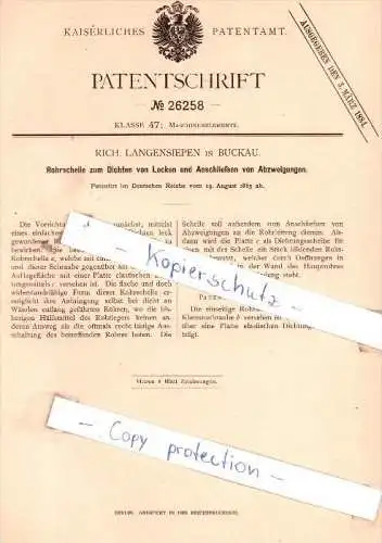 Original Patent - Rich. Langensiepen in Buckau b. Magdeburg , 1883 , Rohrschellen zum Dichten  !!!