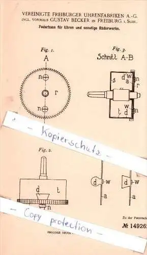 Original Patent - Vereinigte Freiburger Uhrenfabriken A.-G. incl. vormals Gustav Becker in Freiburg !!!