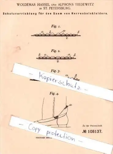 Original Patent - W. Hassel und A. Tiedewitz in St. Petersburg , 1899 , Rußland !!!