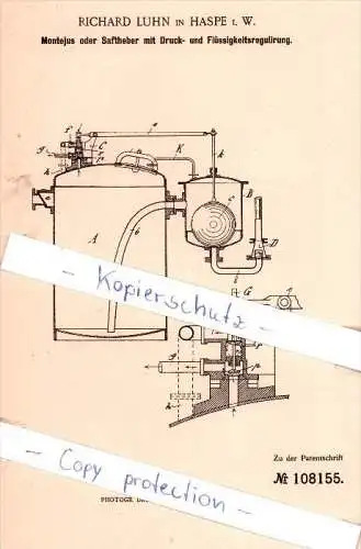 Original Patent - Richard Luhn in Haspe i. W. , 1898 , Montejus oder Saftheber  !!!