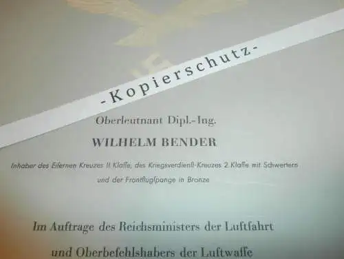 original Dokument - Luftwaffe Rechlin 1943 , Wilhelm Bender Kampfflieger , mit Autograph v. Kommandeur , Mecklenburg !!!