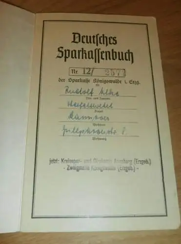 altes Sparbuch Königswalde i. Erzgebirge , 1945 , Oberfeldwebel Rudolf Utke in Hannover , Annaberg , Sparkasse , Bank !!