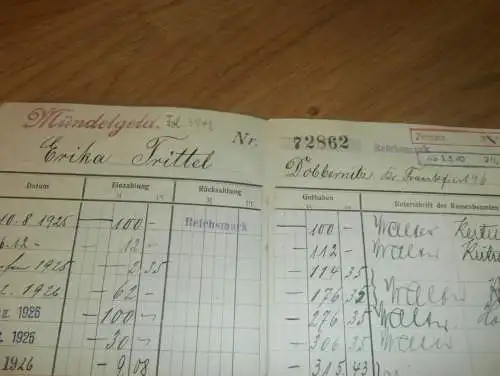 altes Sparbuch Bernburg , 1925 - 1943 , Erika Trittel in Döbbernitz / Debrznica , Weststernberg , Sparkasse , Bank !!