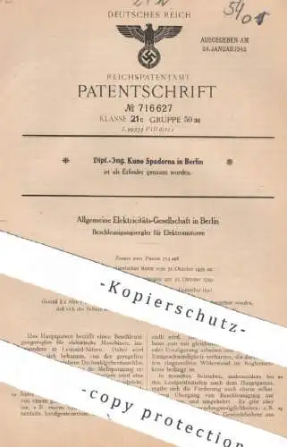 original Patent - Allg. Electricitäts-Ges. Berlin | Kuno Spaderna | 1939 | Beschleunigungsregler f. Elektromotor | Motor