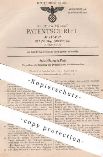 original Patent - Société Rateau , Paris , Frankreich | 1937 | Regelung der Drehzahl einer Antriebmaschine | Motor