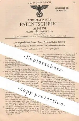 original Patent - AG Brown , Boveri & Cie , Baden / Schweiz | 1935 | Herdabdeckung für elektrisch beheizten Ofen | Öfen