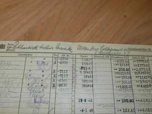 altes Sparbuch Wittenberg , 1943 - 1945 , Rittmeister Arthur Reinecke in Wittenberg , Sparkasse , Bank !!
