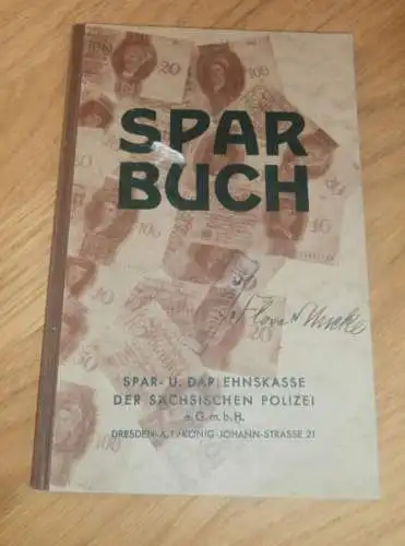 altes Sparbuch der Sächsischen Polizei Dresden , 1937 - 1944 , Flora Mucke in Dresden , Polizei , Sparkasse , Bank !!