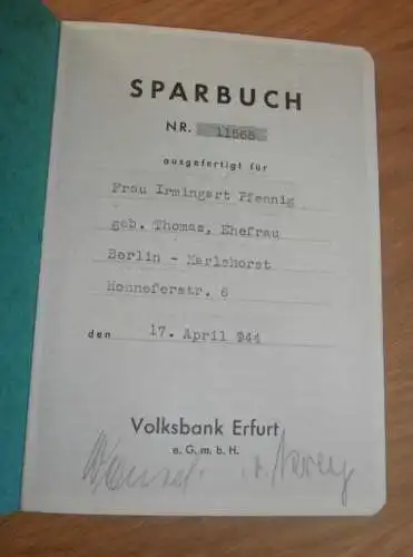 altes Sparbuch Erfurt , 1944 - März 1945 , Irmingart Pfennig ge. Thomas in Berlin Karlshorst , Sparkasse , Bank !!!