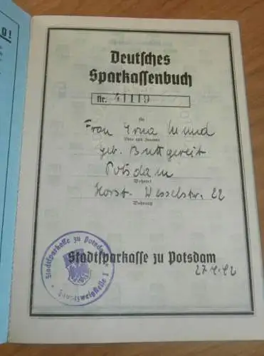 altes Sparbuch Potsdam , 1942 - 1946 , Erna Mund geb. Buttgereit in Potsdam , Sparkasse , Bank !!!