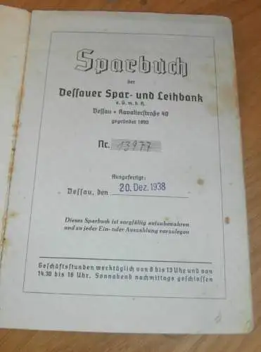 altes Sparbuch Dessau ,  1938 - 1945 , Hilde Petzoldt in Dessau , Sparkasse , Bank !!!