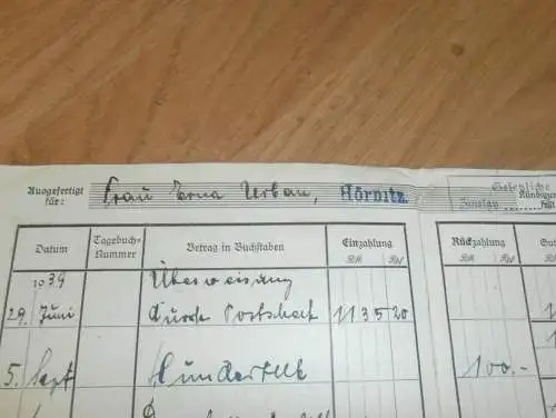 altes Sparbuch Hörnitz b. Zittau ,  1939 - 1947 , Erna Urban in Hörnitz b. Zittau , Sparkasse , Bank !!!