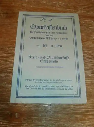 altes Sparbuch Wolgast / Greifswald  1952 , Ernst Wollin in Groß Ernsthof / Rubenow , Mecklenburg , Sparkasse , Bank !!!