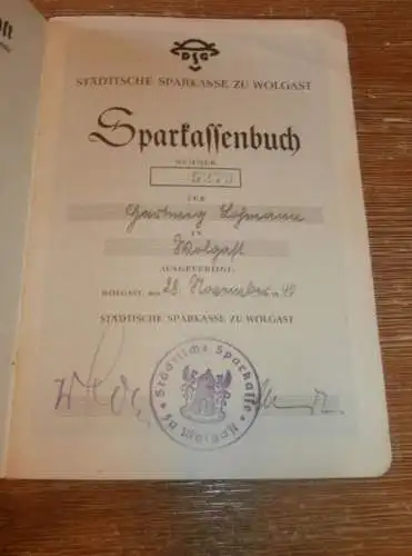 altes Sparbuch Wolgast , 1940 - 1945 , Hartwig Losmann in Wolgast i. Mecklenburg , Sparkasse , Bank !!!