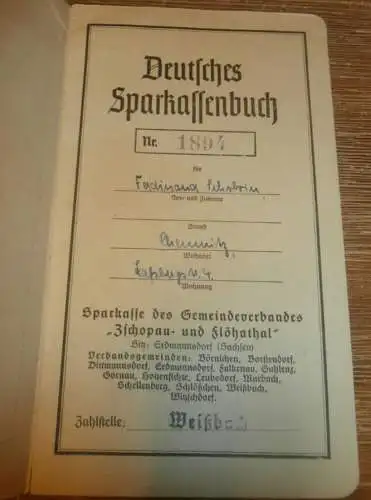 altes Sparbuch Zschopau / Flöhathal , 1944 - April 1945 , Ferdinand Scholrin in Chemnitz , Sparkasse , Bank !!!