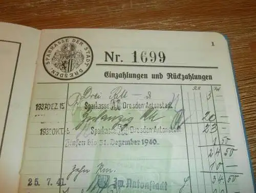 altes Sparbuch Dresden , 1937 - 1945 , Erna Möller in Dresden Antonstadt, Sparkasse , Bank !!!