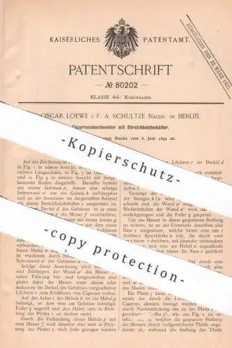 original Patent - Oscar Loewe | A. Schulze Nachfolger , Berlin , 1894 , Zigarren - Abschneider mit Streichholzbehälter