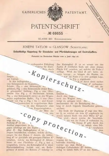 original Patent - Joseph Taylor , Glasgow , Schottland , 1892 , Kupplung für Eisenbahn u. Pferdebahnwagen | Bahn , Wagen