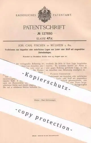 original Patent - Joh. Carl Fischer , Mülheim a. Rh. , 1900 , Treibriemen aus Leder o. Stoff | Riemen | Seil , Tau !!