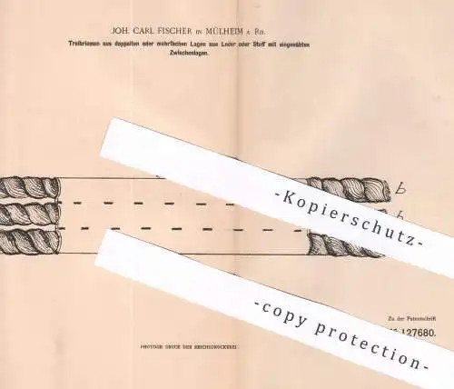 original Patent - Joh. Carl Fischer , Mülheim a. Rh. , 1900 , Treibriemen aus Leder o. Stoff | Riemen | Seil , Tau !!