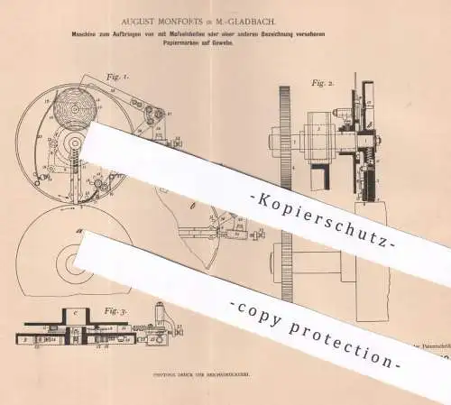 original Patent - August Monforts , Mönchengladbach , 1900 , Aufbringen von Papiermarken auf Gewebe | Papier , Etikett