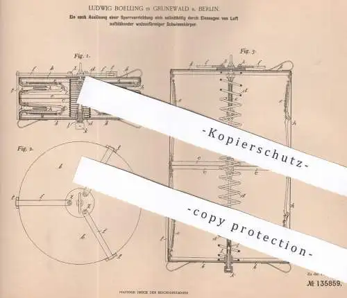 original Patent - Ludwig Boelling , Berlin / Grunewald 1901 , walzenförmiger Schwimmkörper zur Wasserrettung | Schwimmen