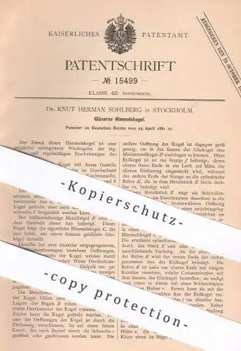 original Patent - Dr. Knut Hermann Sohlberg , Stockholm , Schweden , 1881 , Gläserne Himmelskugel | Himmel , Astronomie