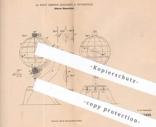 original Patent - Dr. Knut Hermann Sohlberg , Stockholm , Schweden , 1881 , Gläserne Himmelskugel | Himmel , Astronomie