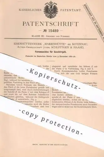 original Patent -  Eisenhüttenwerk Marienhütte / Kotzenau AG vorm. Schlittgen & Haase | 1880 | Form für Geschirrguss