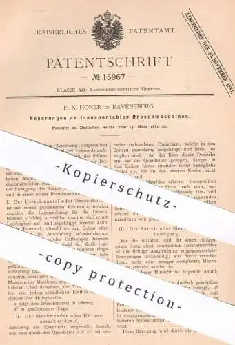 original Patent - F. X. Honer , Ravensburg , 1881 , transportable Dreschmaschine | Drescher , Stroh , Getreide !!