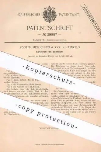 original Patent - Adolph Hinrichsen & Co. , Hamburg , 1886 , Korsetstäbe mit Blattfedern | Korset , Mode , Schneider !!