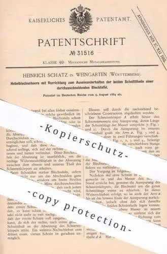 original Patent - Heinrich Schatz , Weingarten | 1884 | Hebelblechschere | Blechschere | Blech , Schere , Metall !!