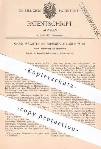 original Patent - Chaim Wächter , Herman Gottlieb , Wien , Österreich , 1884 , Alarm an Schloss | Türschloss , Schlosser