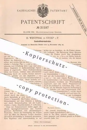 original Patent - H. Westphal , Stolp , 1884 , Zentralfedermatratze | Feder - Matratze | Bett , Betten , Möbel