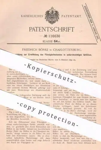 original Patent - Friedrich Bönke , Berlin / Charlottenburg , 1899 , Ermittlung des Flüssigkeitsstandes in Gefäßen