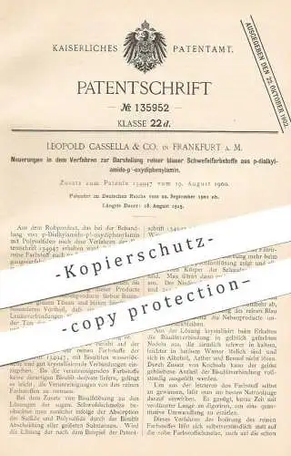 original Patent - Leopold Cassella & Co. , Frankfurt / Main , 1901 , reiner blauer Schwefelfarbstoff | Schwefel , Farbe