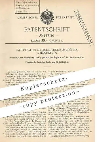 original Patent - Farbwerke vorm. Meister Lucius & Brüning , Höchst / Main | gemustertes Papier mittels Papiermaschine