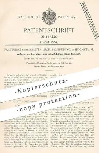 original Patent - Farbwerke vorm. Meister Lucius & Brüning , Höchst / Main , 1899 , schwefelhaltiger blauer Farbstoff !!