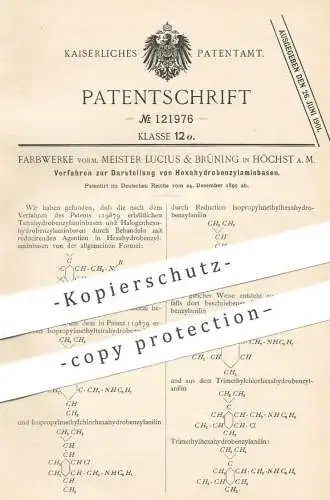 original Patent - Farbwerke vorm. Meister Lucius & Brüning , Höchst / Main , 1899 , Hexahydrobenzylaminbasen | Chemie !!