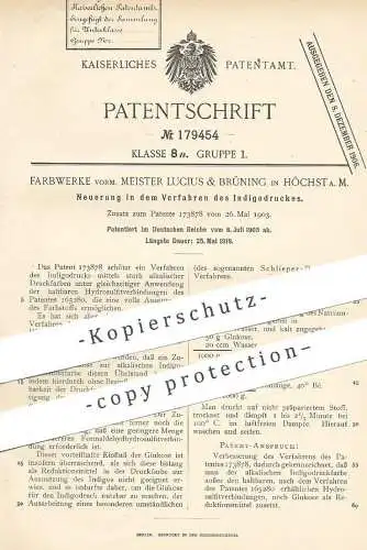 original Patent - Farbwerke vorm. Meister Lucius & Brüning , Höchst / Main , 1903 , Indigodruck | Indigo - Druck !!