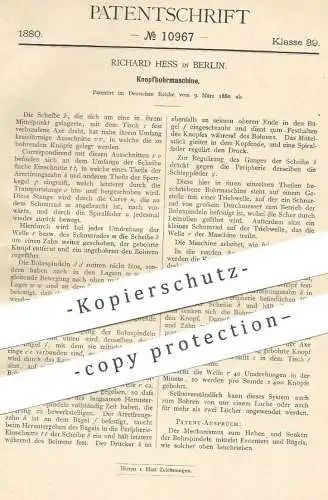 original Patent - Richard Hess , Berlin , 1880 , Knopfbohrmaschine | Bohrmaschine für Knöpfe | Knopf , Horn , Bohren !!!